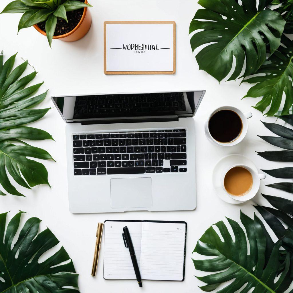 A vibrant flat lay of a stylish laptop surrounded by a cup of coffee, green plants, colorful notebooks, and a motivational quote framed nearby. The scene conveys a productive and inspiring blogging atmosphere, with soft natural light illuminating the workspace. The background should feel warm and inviting, symbolizing personal growth and success. vibrant colors. super-realistic. white background.