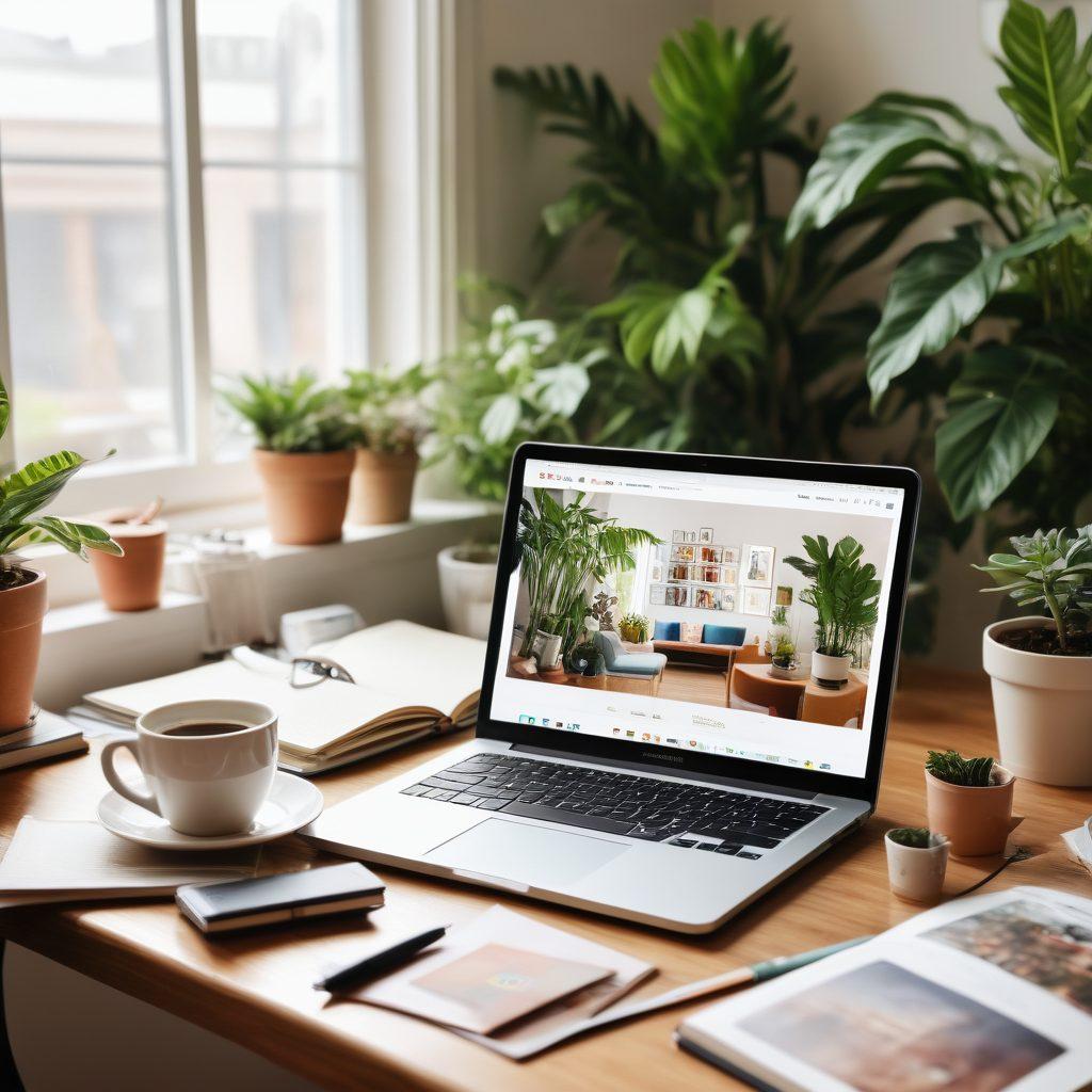 An inviting workspace with a laptop open to a lifestyle blog, surrounded by notebooks, plants, and a cup of coffee. Include a collage of joyful readers engaging with content on various devices in the background, conveying a sense of community and connection. Soft natural light illuminating the scene to create a warm and inspiring atmosphere. super-realistic. vibrant colors.