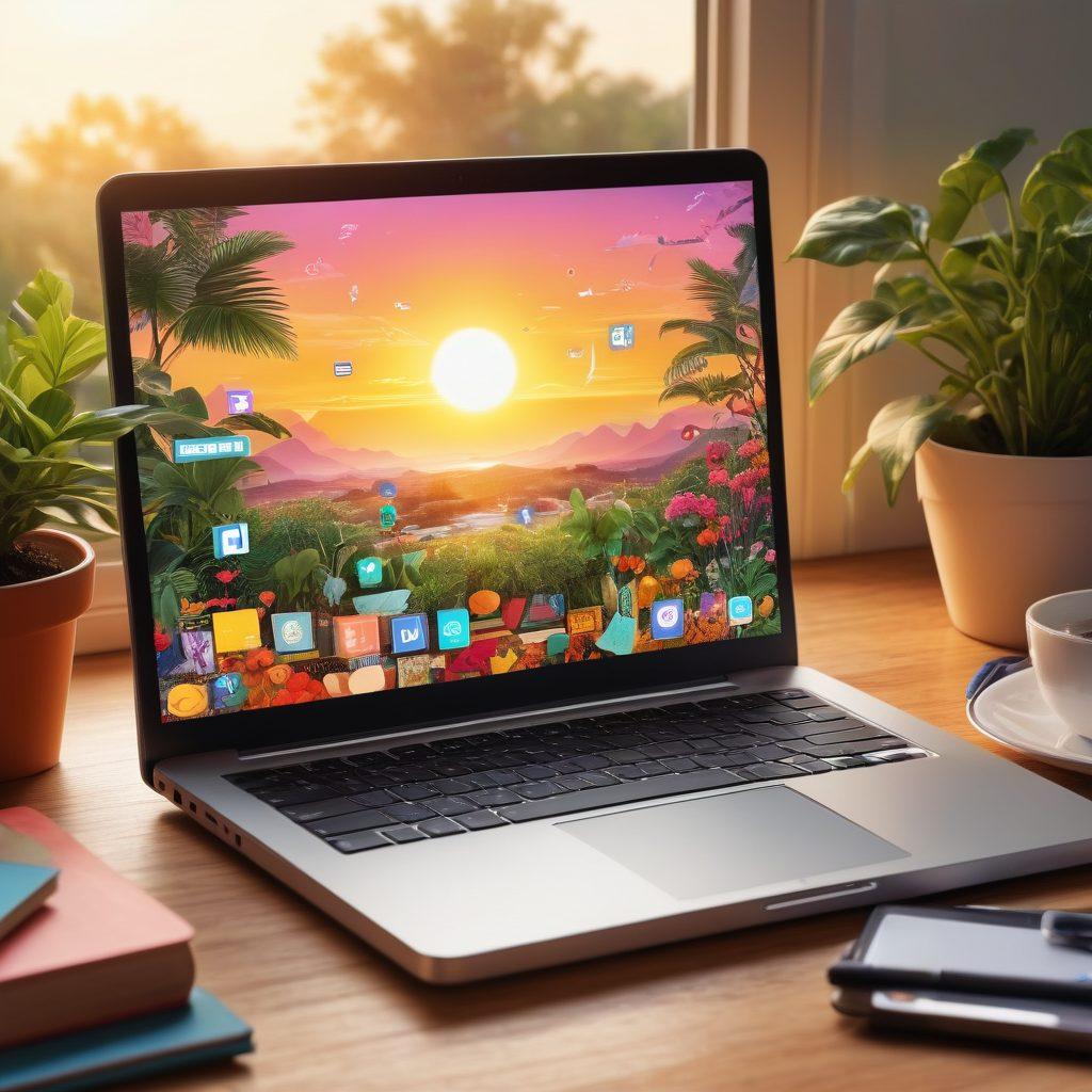 A dynamic scene showcasing an open laptop with a thriving blog on the screen, surrounded by symbolic elements of growth like plants and books, and digital marketing tools such as social media icons and graphs. The background features a sunrise to indicate new beginnings and success. The atmosphere is energetic and inspiring with bright colors to emphasize positivity and transformation. vibrant colors. super-realistic.